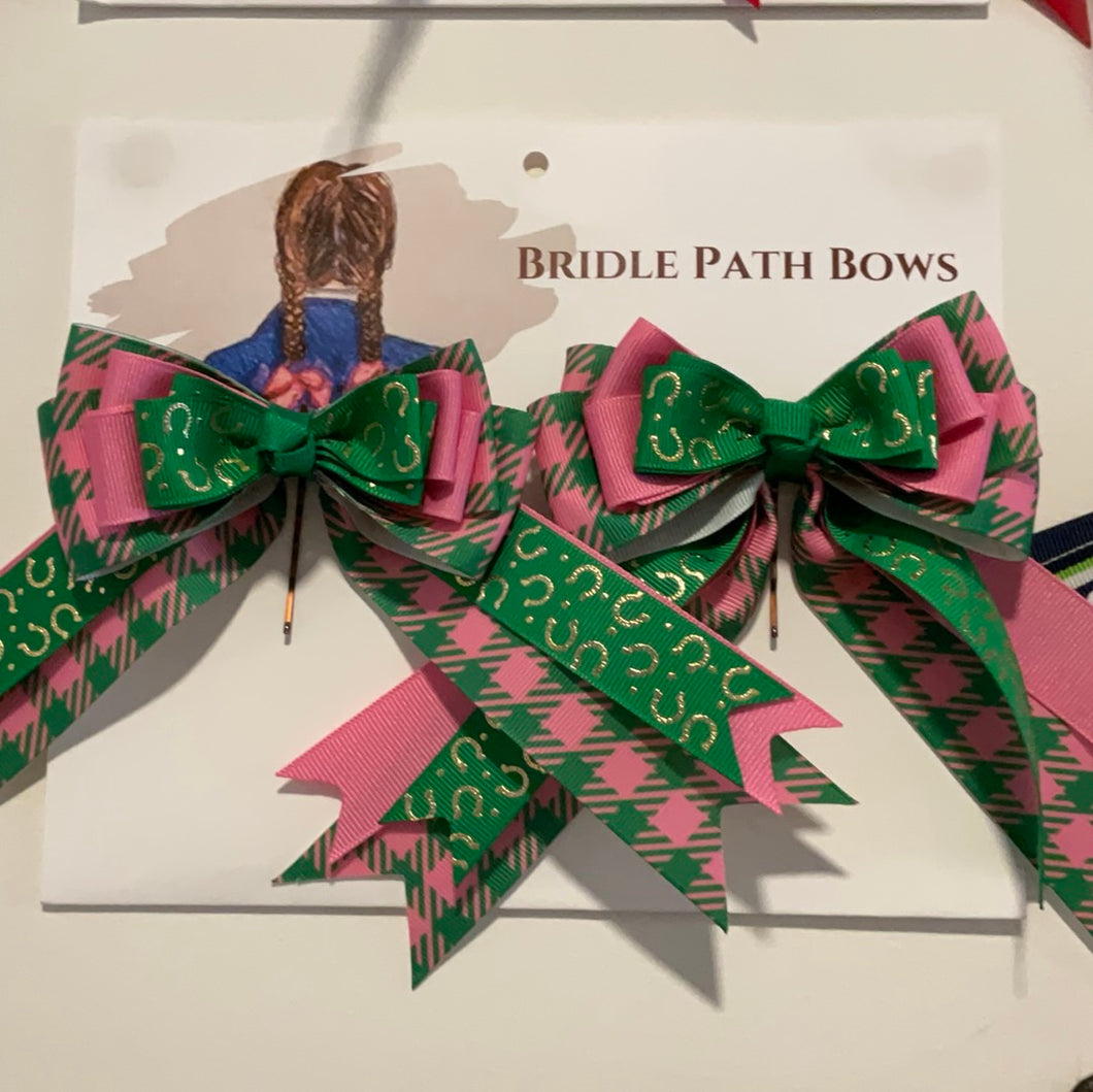 Bridle Path Bows Green/Pink Horseshoe/Checkers